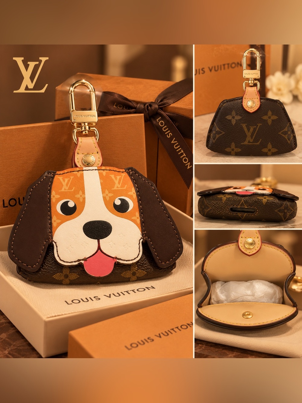 Orange, Brown & White Dog Face Key Charm with Gold Clip AirPods Holder